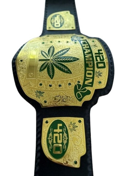 Back view of 420 Weed World Wrestling Championship Belt – durable leather strap of custom 420 championship belt