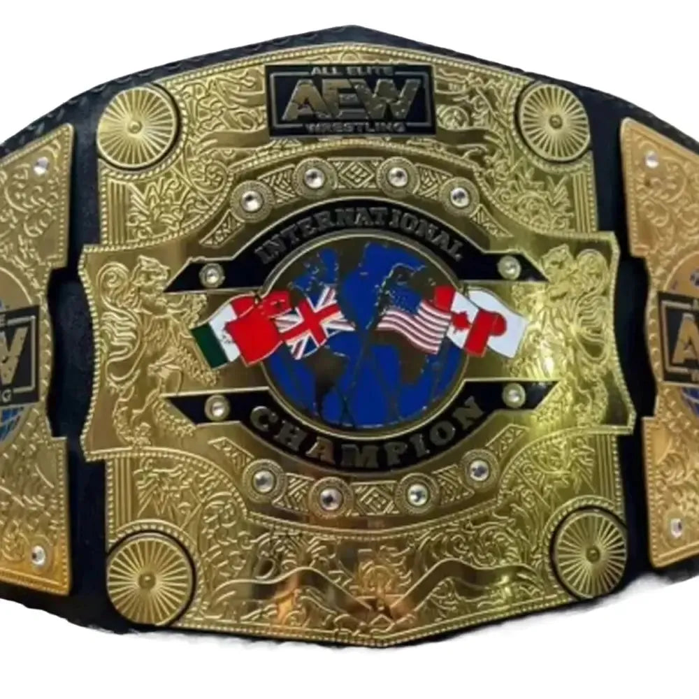 AEW All Atlantic Championship belt with gold plates and international flags from Wrestling Title Belts