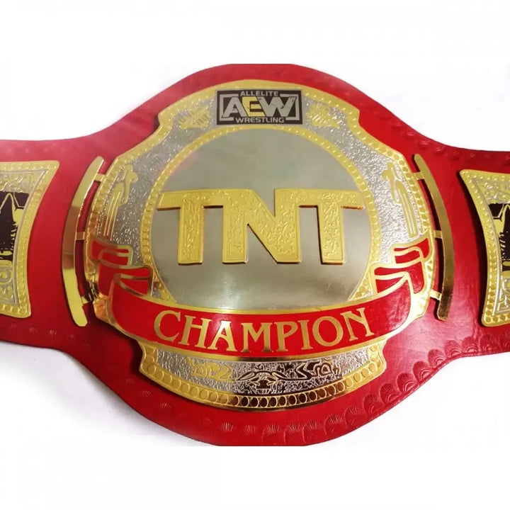 AEW TNT Championship replica belt with red strap and gold details from Wrestling Title Belts