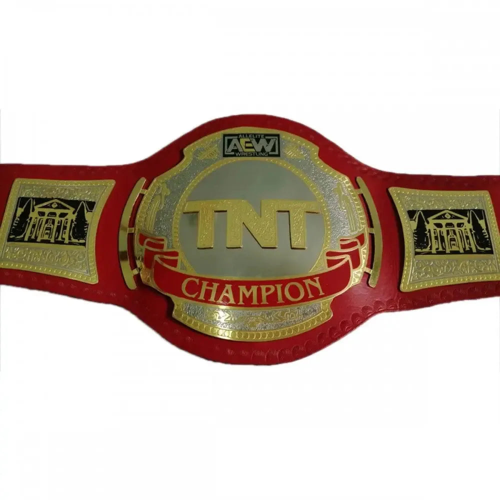 AEW TNT Championship replica belt with red strap and detailed gold and silver plates
