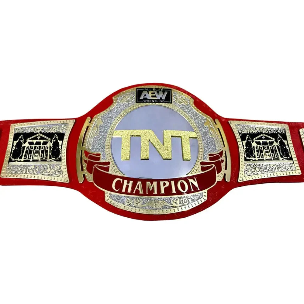 AEW TNT Championship replica belt with red strap and detailed silver and gold plating from Wrestling Title Belts