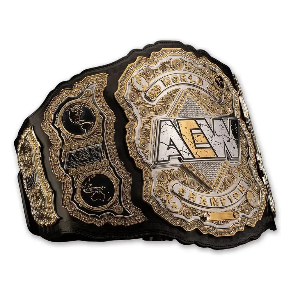 AEW World Championship belt replica with detailed gold and black design from Wrestling Title Belts