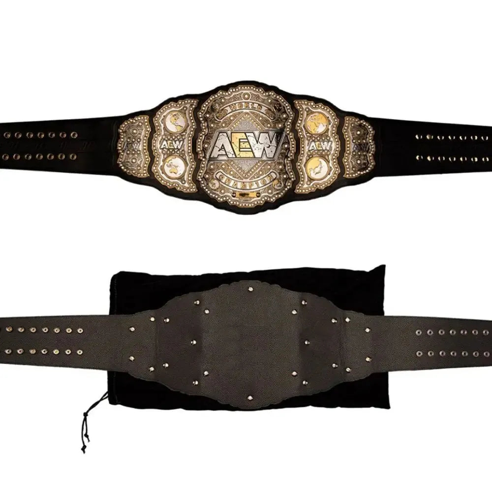 AEW World Championship belt replica by Wrestling Title Belts showing front and back design with black strap and gold details