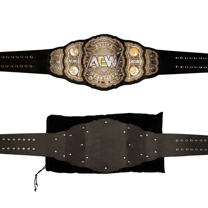 AEW World Championship belt replica by Wrestling Title Belts showing front and back design with black strap and gold details