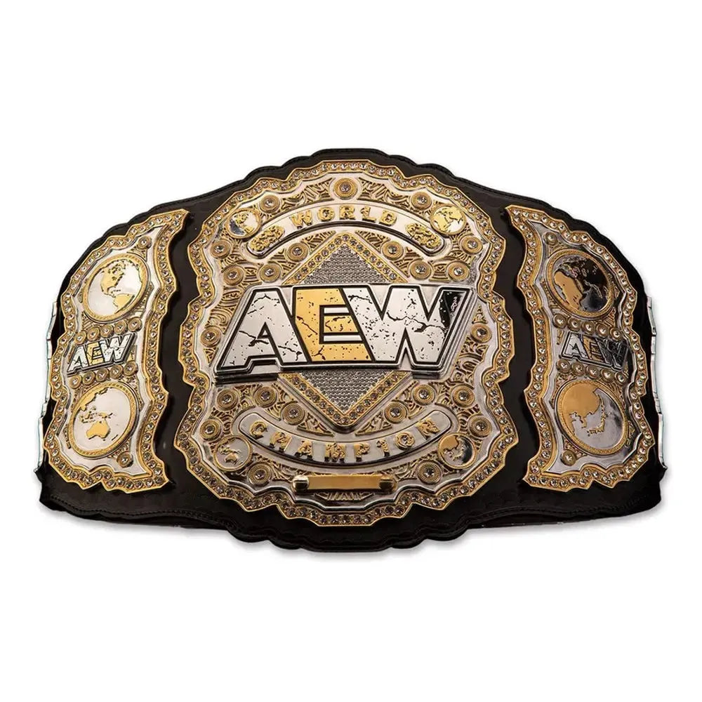 AEW World Championship belt replica with detailed gold and silver design from Wrestling Title Belts