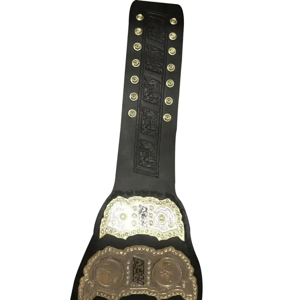 AEW World Heavyweight Championship belt with detailed metal plates and black leather strap