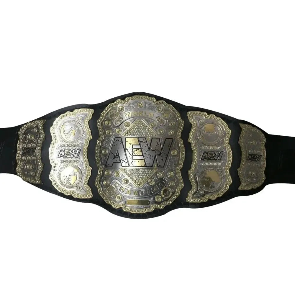 AEW World Heavyweight Championship belt with detailed gold and black design from Wrestling Title Belts
