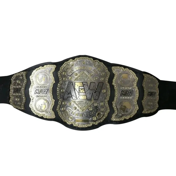 AEW World Heavyweight Championship belt with detailed gold and black design from Wrestling Title Belts