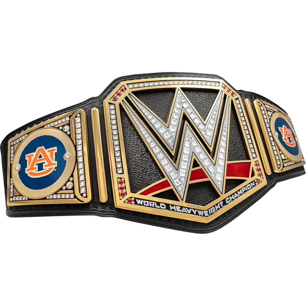 Auburn Tigers WWE championship belt with black strap and detailed gold and silver plating