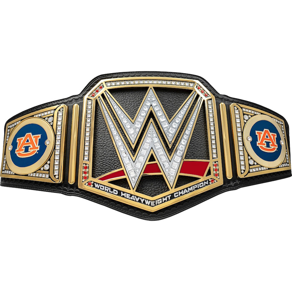 Auburn Tigers WWE championship belt with black leather and gold detailing from Wrestling Title Belts