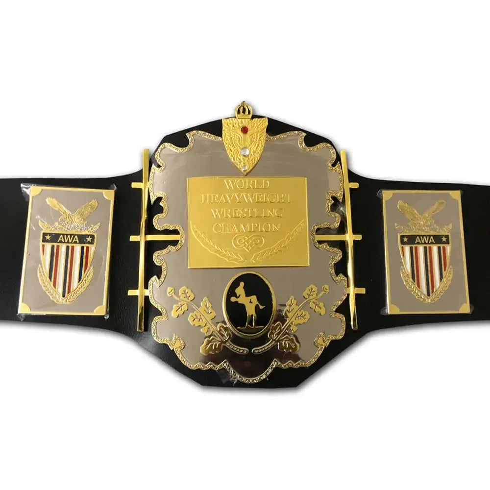 AWA heavyweight championship belt with gold and silver plates on black leather strap by Wrestling Title Belts