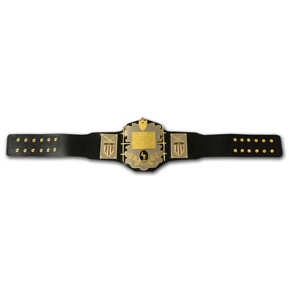 AWA heavyweight championship belt with black leather strap and gold plated center plate from Wrestling Title Belts