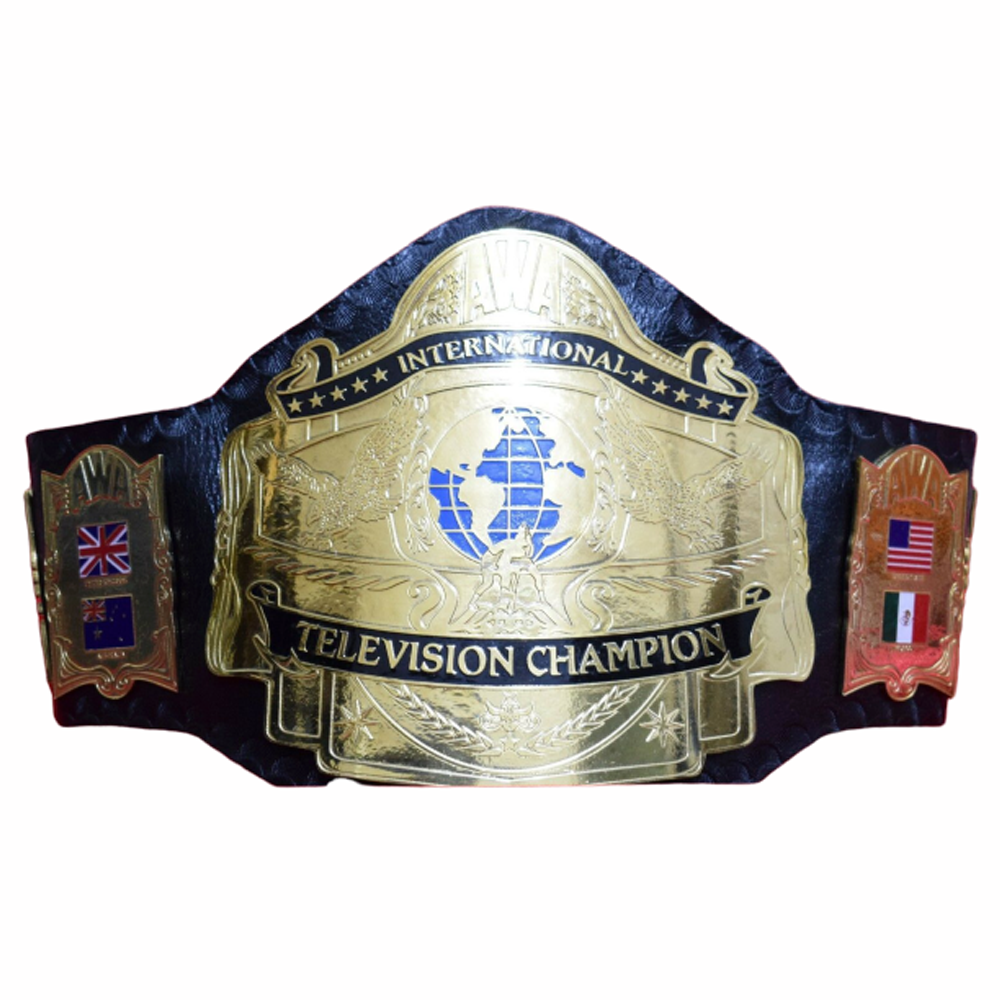 AWA International TV Championship Belt with gold plates and black leather strap from Wrestling Title Belts