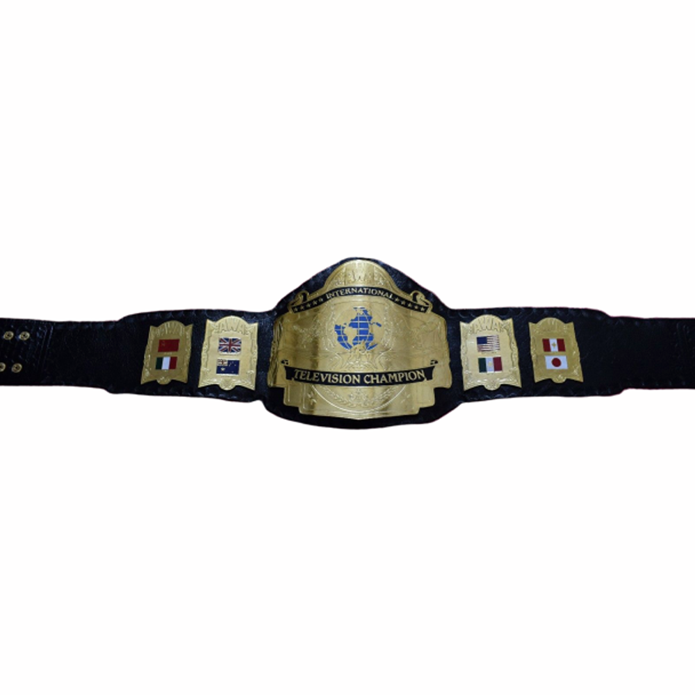 AWA International TV Championship Belt with gold plates and black leather strap by Wrestling Title Belts