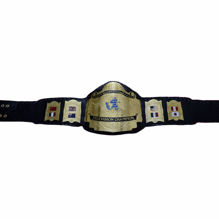 AWA International TV Championship Belt with gold plates and black leather strap by Wrestling Title Belts