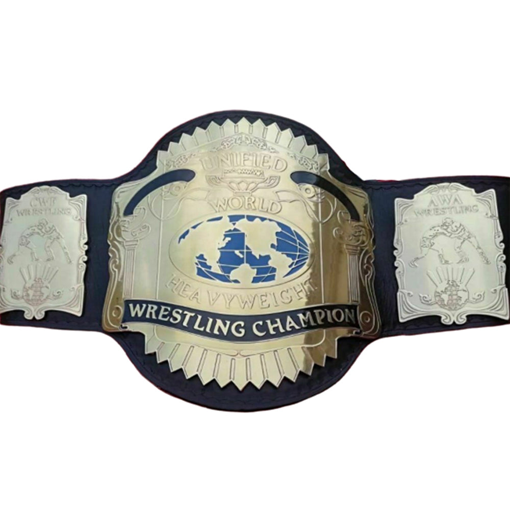AWA Unified World Heavyweight Championship belt with gold plates and black strap by Wrestling Title Belts
