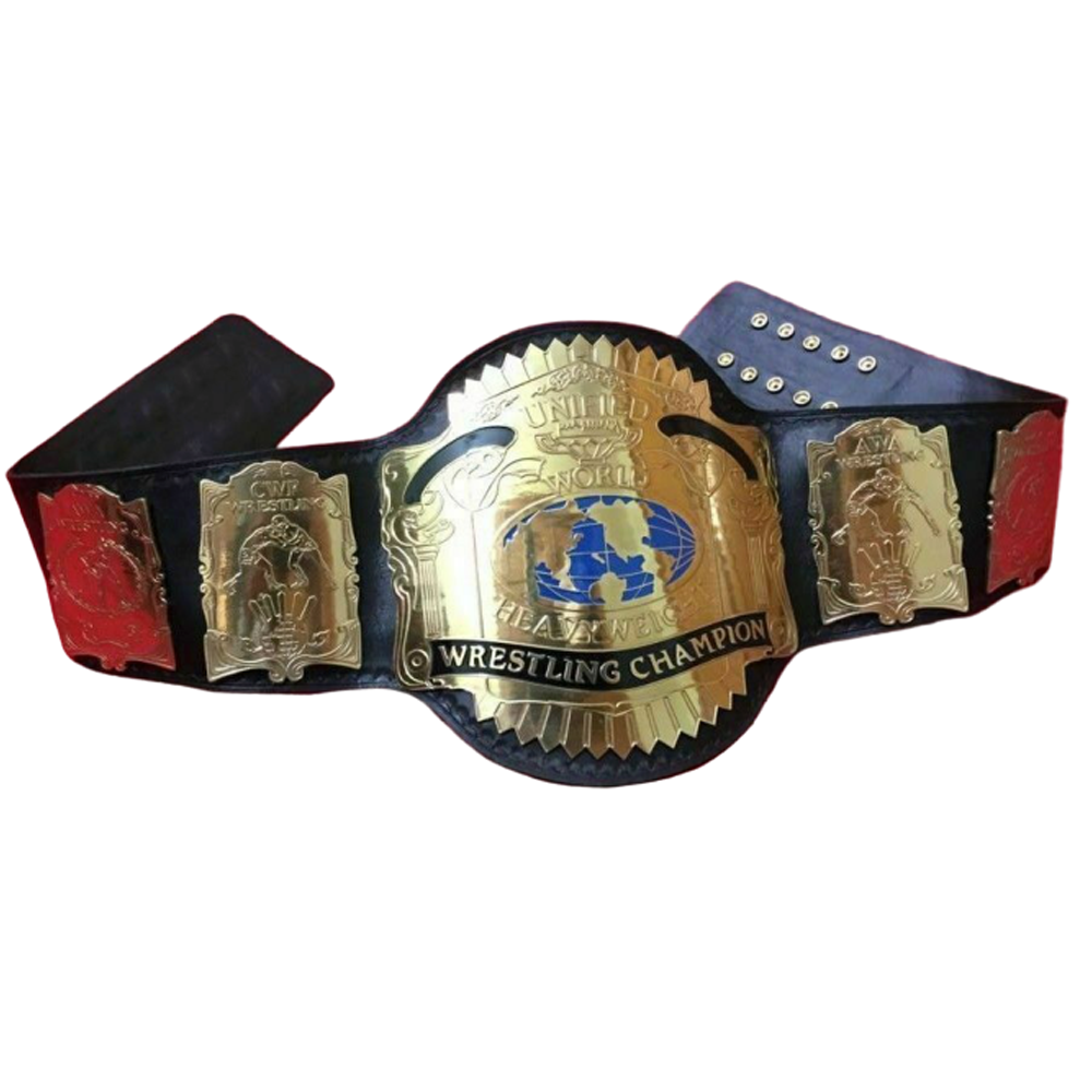 AWA Unified World Heavyweight Championship belt with gold plates and black leather strap from Wrestling Title Belts