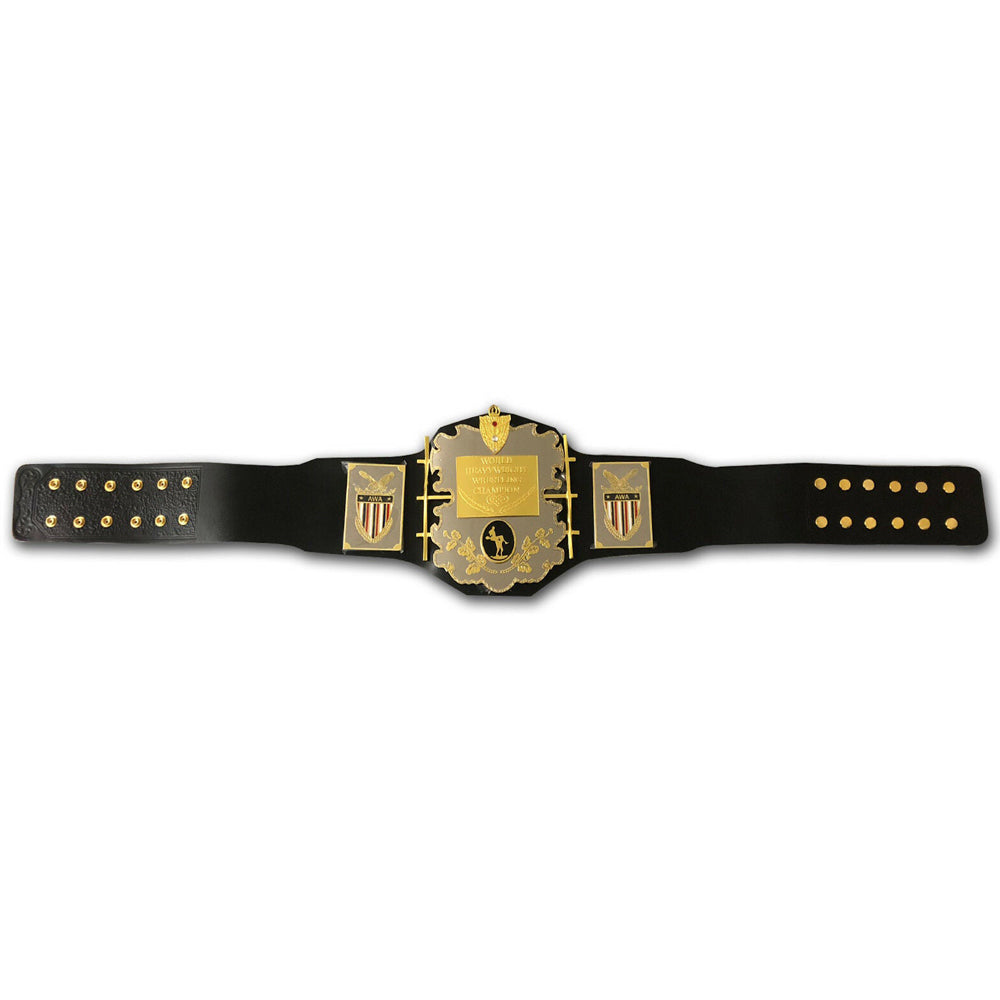 AWA World Heavyweight Championship belt with gold plates and black leather strap from Wrestling Title Belts