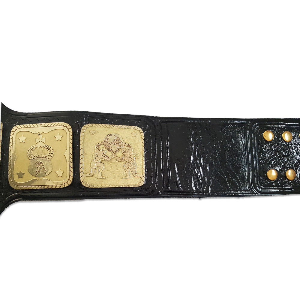 AWA World Tag Team Championship belt with gold plates on black leather strap by Wrestling Title Belts