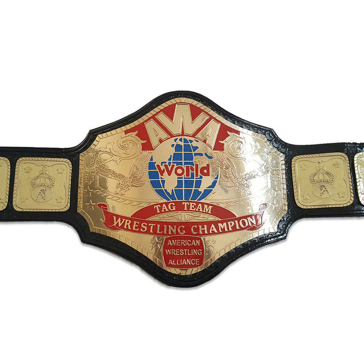 AWA World Tag Team Championship belt with gold plates and black leather strap from Wrestling Title Belts