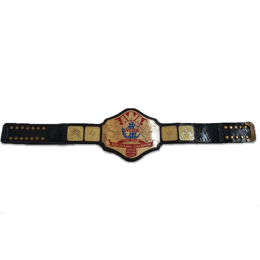AWA World Tag Team Championship belt with black leather strap and gold plates from Wrestling Title Belts