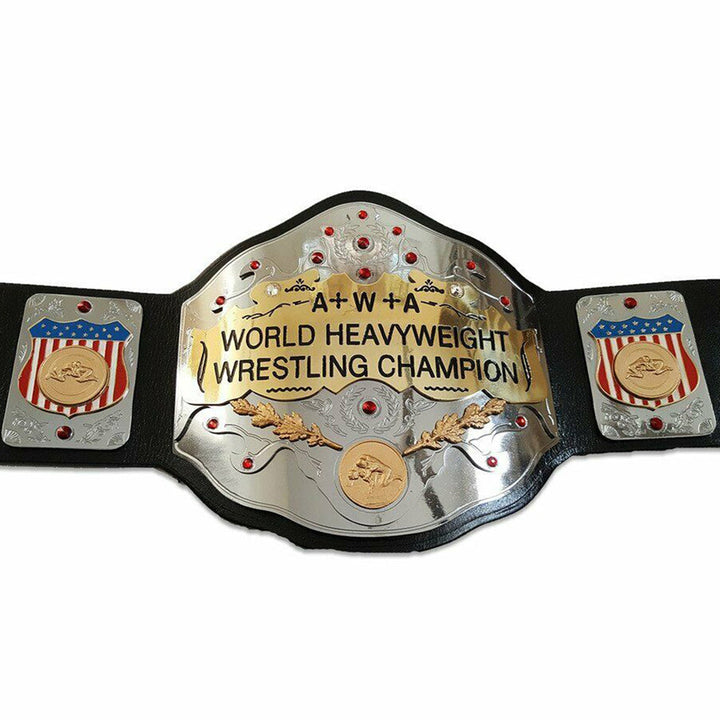 AWWA World Heavyweight Championship belt with silver and gold plates and red accents on black leather strap