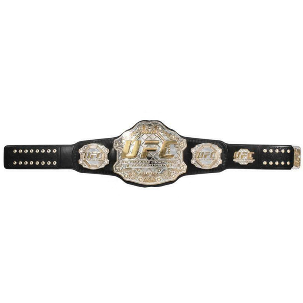 Classic UFC title belt for sale with detailed gold plates and black leather strap from Wrestling Title Belts