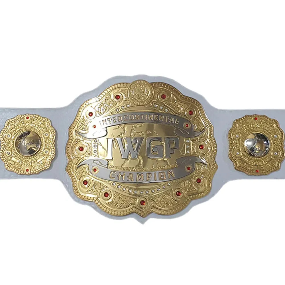 IWGP championship belt for sale with gold plates and white leather strap by Wrestling Title Belts
