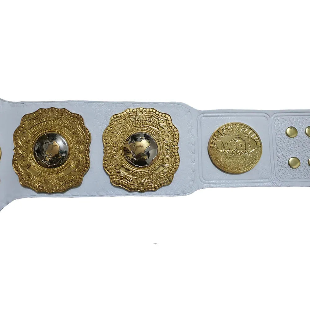 IWGP championship belt for sale with gold detailed plates on a white leather strap from Wrestling Title Belts