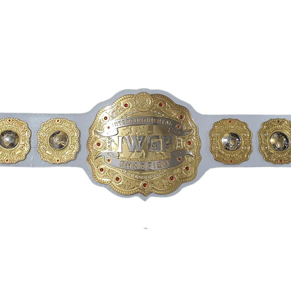 IWGP championship belt for sale with gold plates and white strap from Wrestling Title Belts