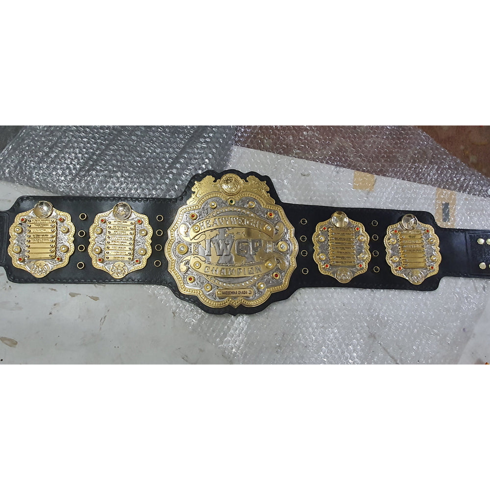 IWGP Heavyweight Championship replica belt with gold plates and black leather strap from Wrestling Title Belts