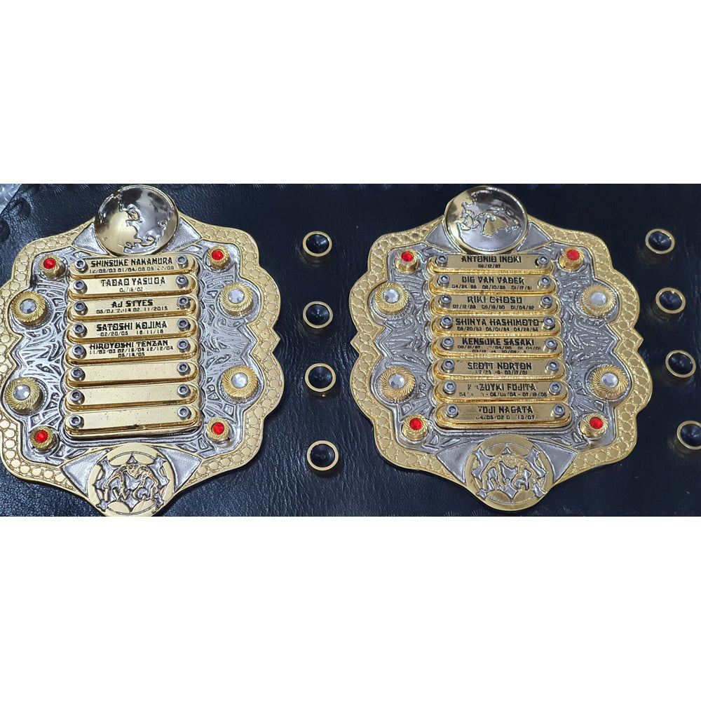 IWGP Heavyweight Championship replica belt with detailed gold and silver plates by Wrestling Title Belts