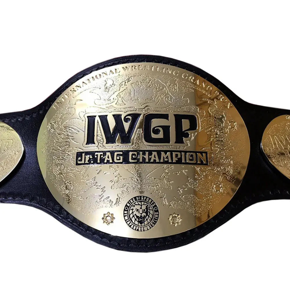 IWGP Jr. Tag Championship replica belt with gold center plate and black leather strap by Wrestling Title Belts