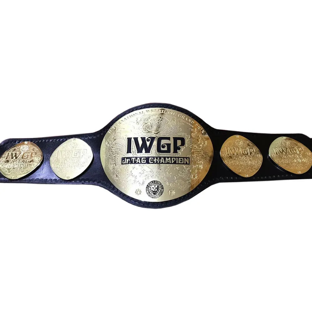IWGP Jr. Tag Championship replica belt with gold plates and black leather strap from Wrestling Title Belts