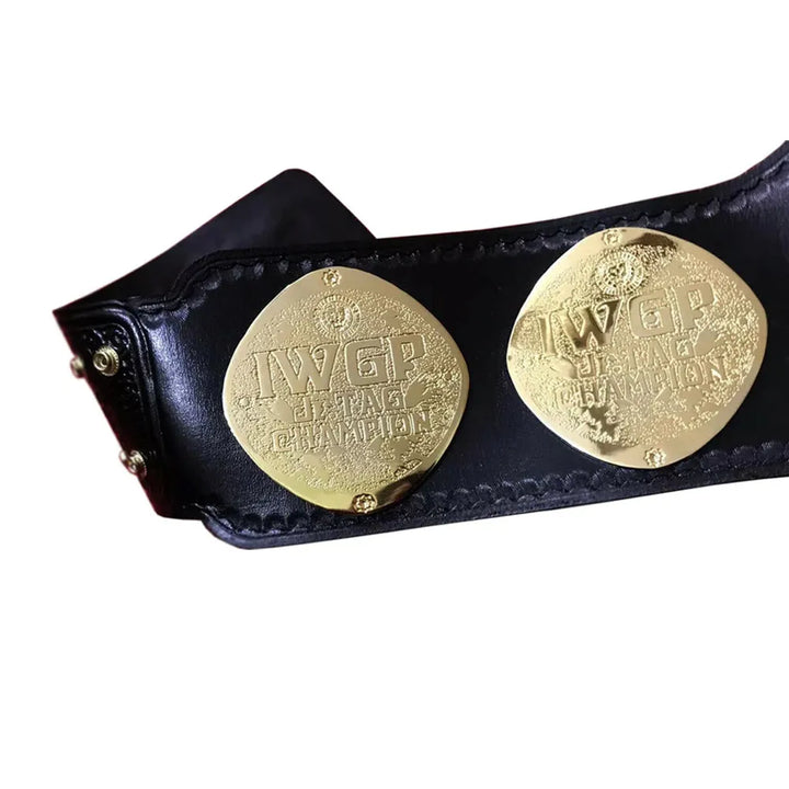 IWGP Jr. Tag Championship replica belt with gold plates on black leather strap from Wrestling Title Belts