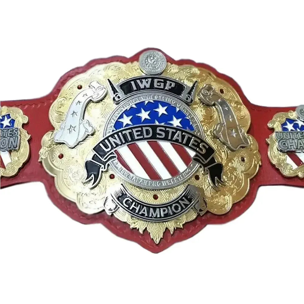 IWGP United States Championship replica belt with gold plates and red leather strap from Wrestling Title Belts