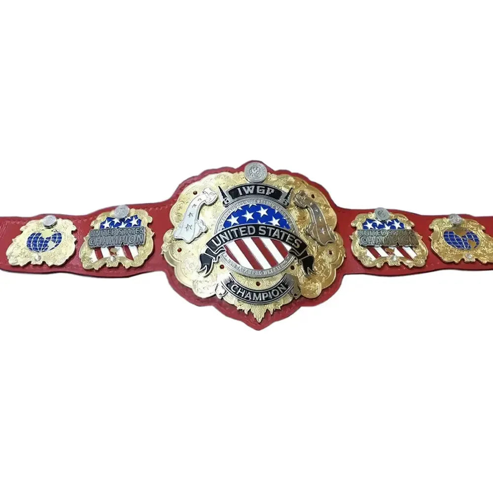 IWGP United States Championship replica belt with red strap and gold detailed plates