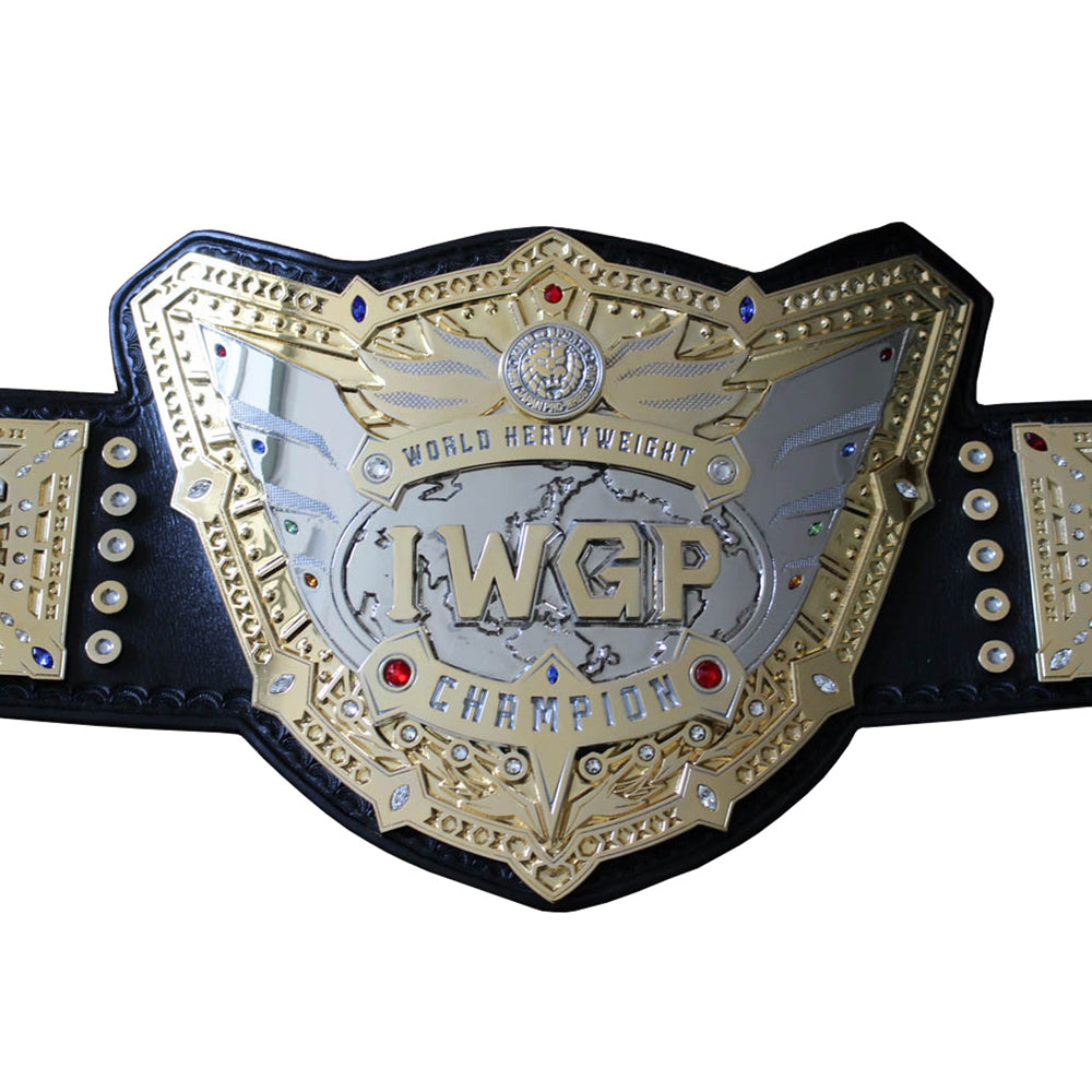 IWGP World Heavyweight Championship replica belt with gold and silver detailing from Wrestling Title Belts