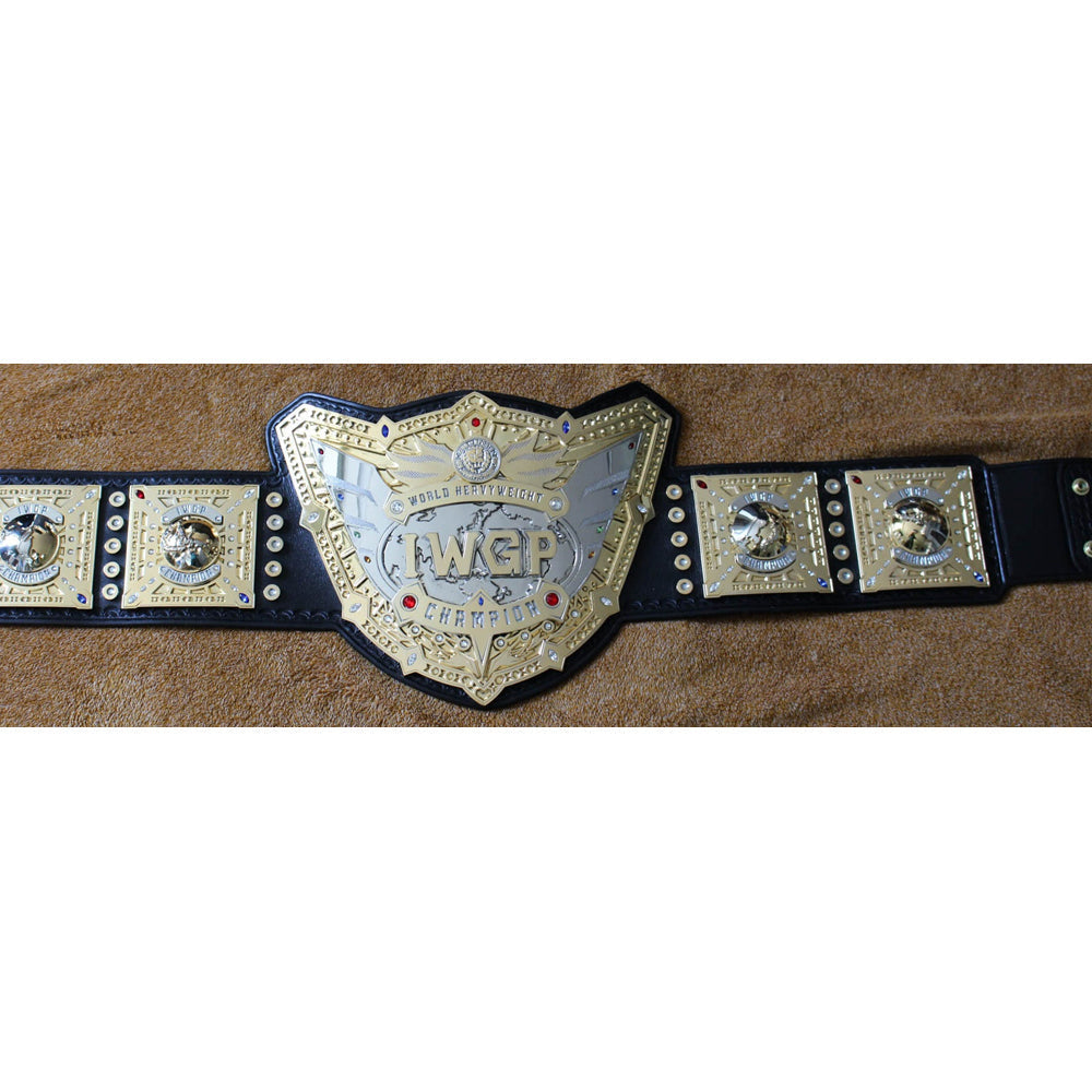 IWGP World Heavyweight Championship replica belt with gold plates and black leather strap from Wrestling Title Belts