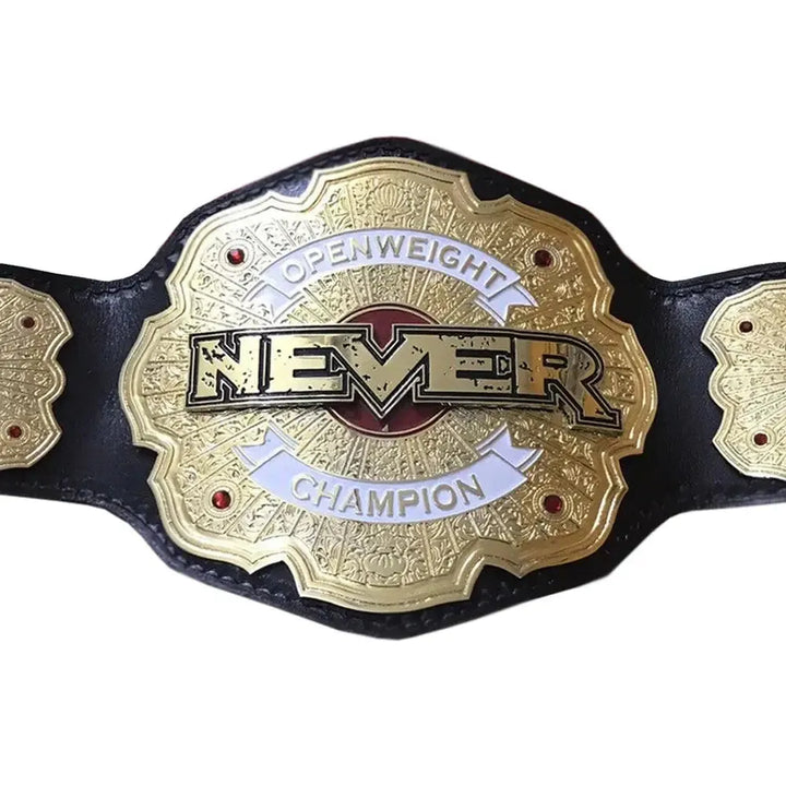 NJPW NEVER Openweight replica belt with gold plate and black leather strap by Wrestling Title Belts