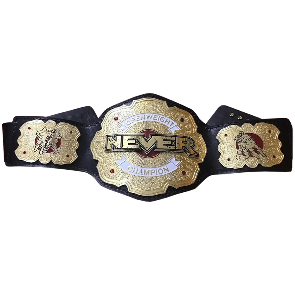 NJPW NEVER Openweight replica belt with gold plates and black leather strap from Wrestling Title Belts