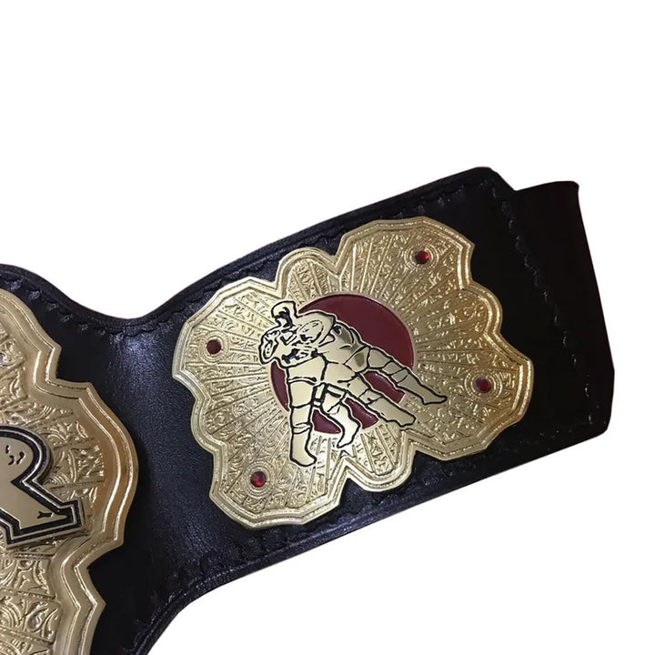 NJPW NEVER Openweight replica belt side detail with wrestling figure on black leather strap