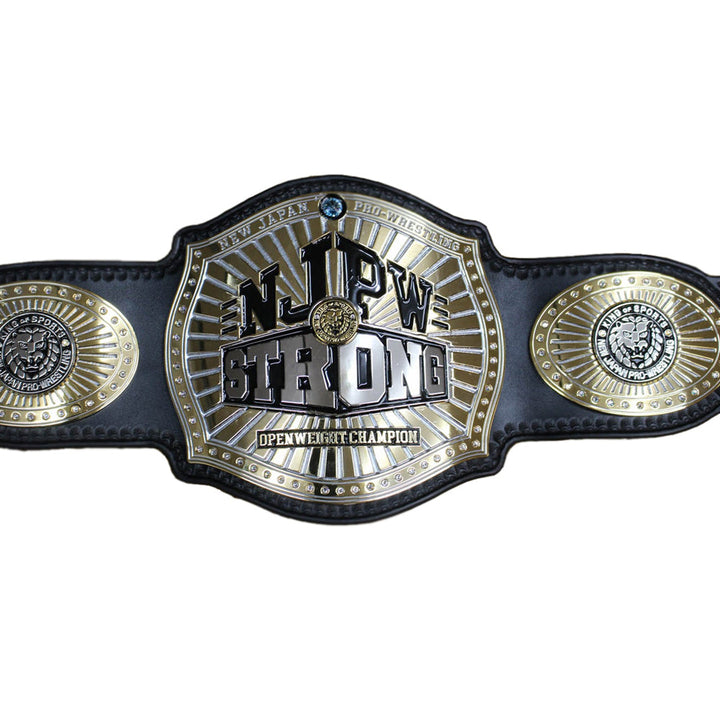 NJPW Strong Openweight championship belt with detailed gold and silver plates on black leather strap