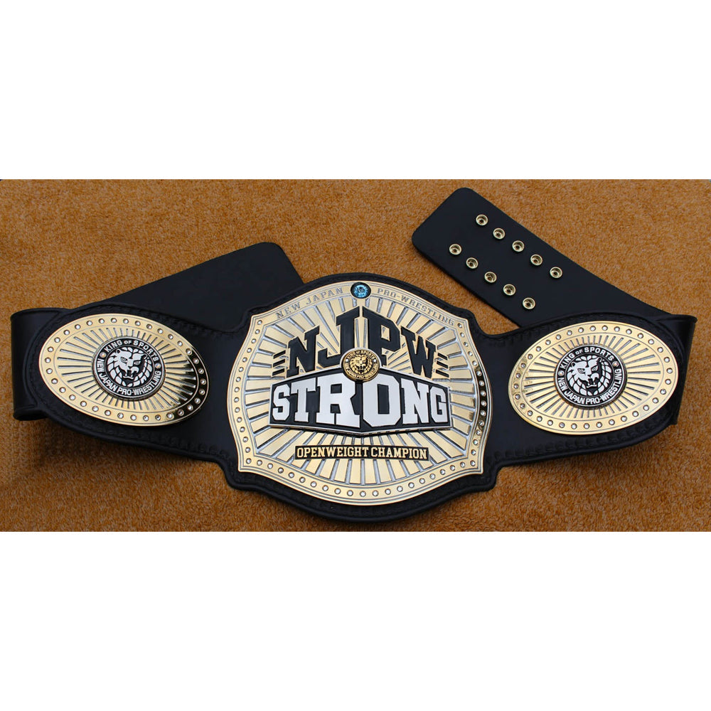 NJPW Strong Openweight championship belt by Wrestling Title Belts with detailed gold and black design