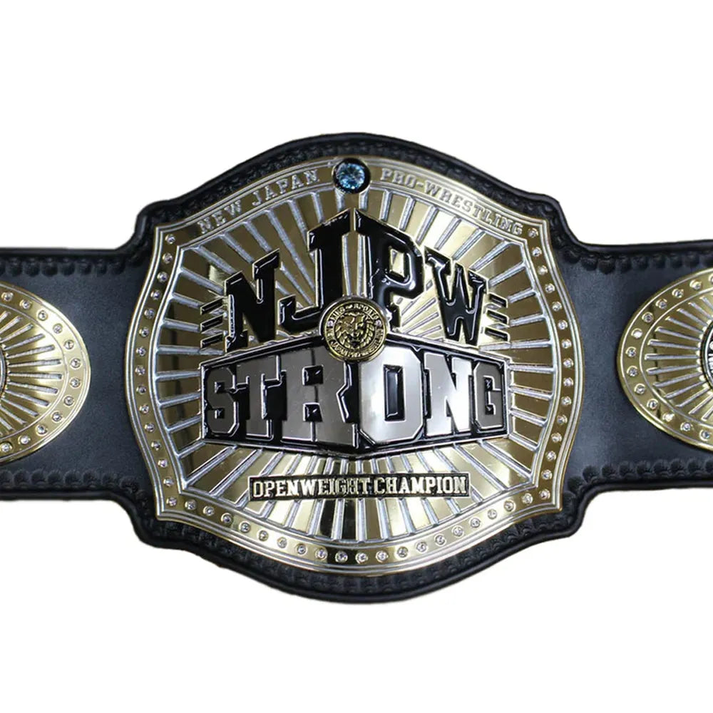 NJPW Strong Openweight replica belt by Wrestling Title Belts with detailed gold and black design