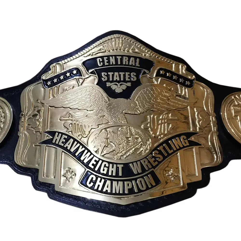 NWA Central States replica belt heavyweight wrestling championship with gold plates on black strap