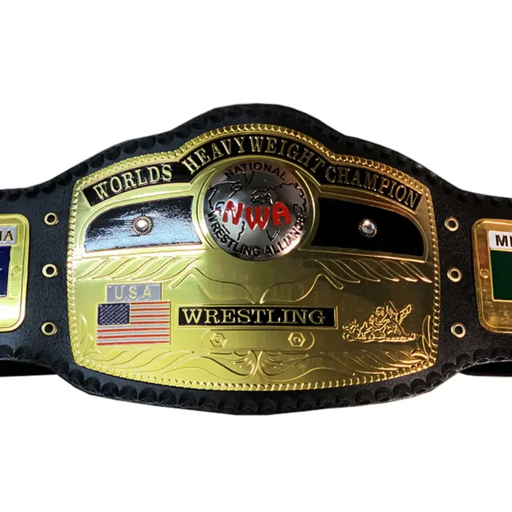 NWA Domed Globe Championship Belt with gold plates and black strap by Wrestling Title Belts