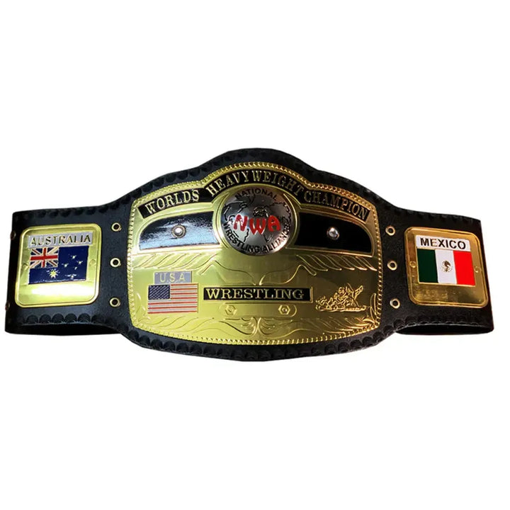 NWA Domed Globe Championship Belt with gold plates and flags for Australia Mexico and USA