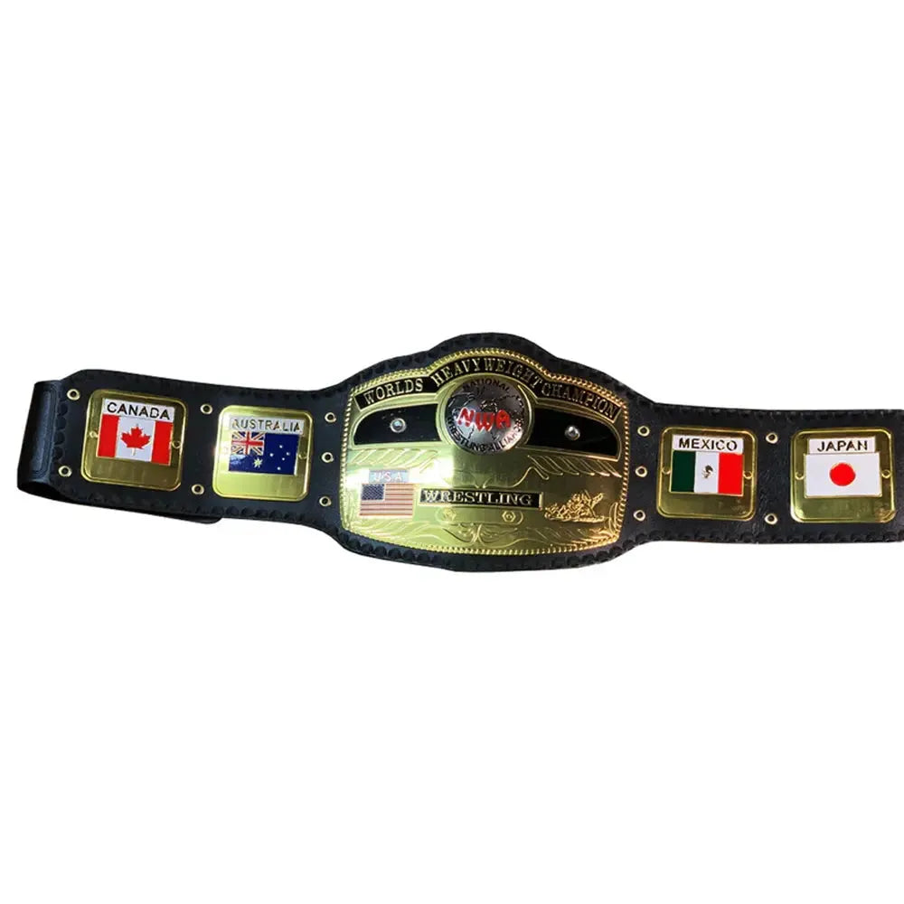NWA Domed Globe Championship Belt with gold plates and flags from Canada Australia Mexico and Japan
