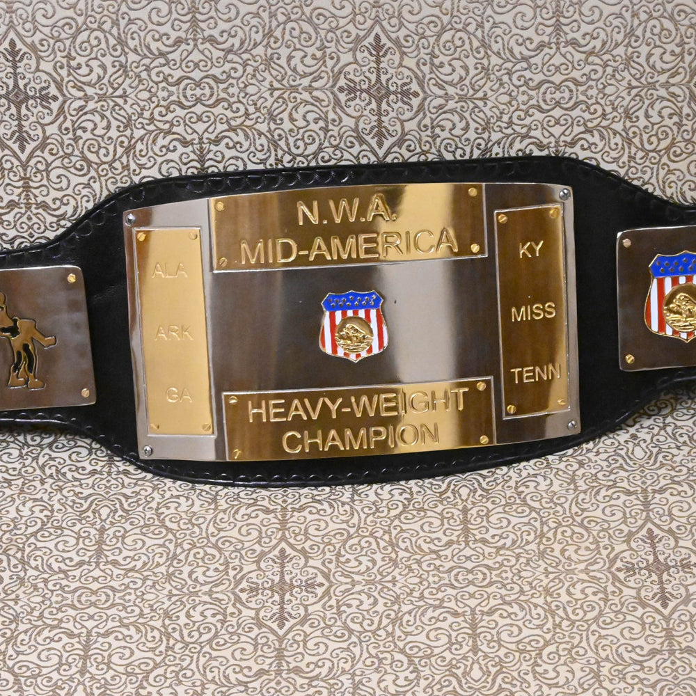 NWA Mid-America championship replica belt with gold plates on black leather strap from Wrestling Title Belts